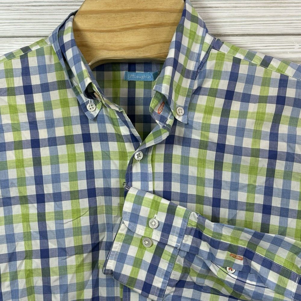 J. McLaughlin‎ Men's Blue Green Plaid Gingham Button Down Shirt Cotton Sz Sm